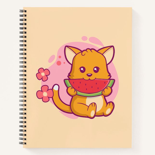 Cute Cat Eating Watermelon | Kawaii Notebook (Front)
