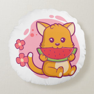 Cute Cat Eating Watermelon   Kawaii Round Cushion