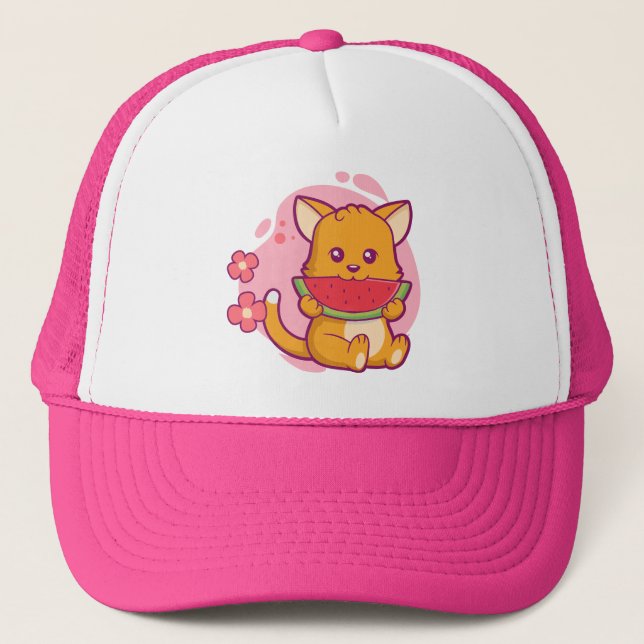 Cute Cat Eating Watermelon | Kawaii Trucker Hat (Front)