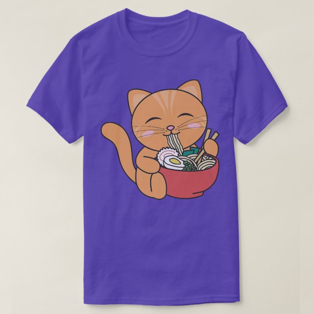 Cute Cat Eats Ramen Noodles kawaii Anime Cat  T-Shirt (Design Front)