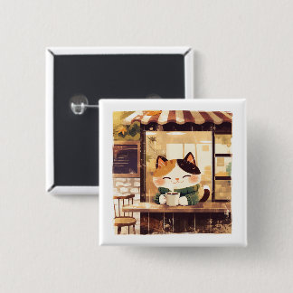 Cute Cat Enjoying Coffee at Cosy Cafe 15 Cm Square Badge