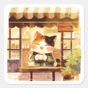 Cute Cat Enjoying Coffee at Cosy Cafe Square Sticker