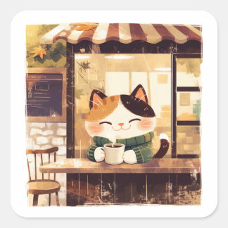Cute Cat Enjoying Coffee at Cosy Cafe Square Sticker