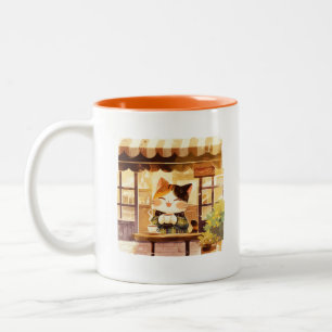 Cute Cat Enjoying Coffee at Cozy Cafe Two-Tone Coffee Mug
