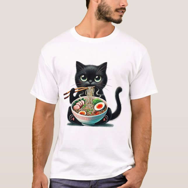 Cute cat enjoying eating ramen T-Shirt (Front)