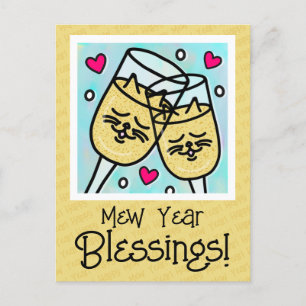Cute Cat Face Champagne Toast New Years Holiday Postcard