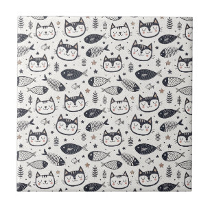 Cute Cat Face & Fish Bones Pattern - Kids Design Ceramic Tile
