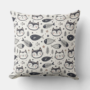 Cute Cat Face & Fish Bones Pattern - Kids Design Cushion