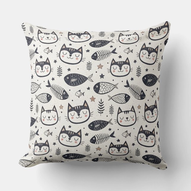 Cute Cat Face & Fish Bones Pattern - Kids Design Cushion (Front)