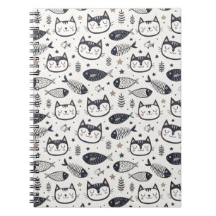 Cute Cat Face & Fish Bones Pattern - Kids Design Notebook