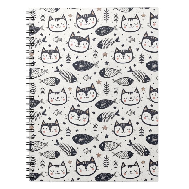 Cute Cat Face & Fish Bones Pattern - Kids Design Notebook (Front)