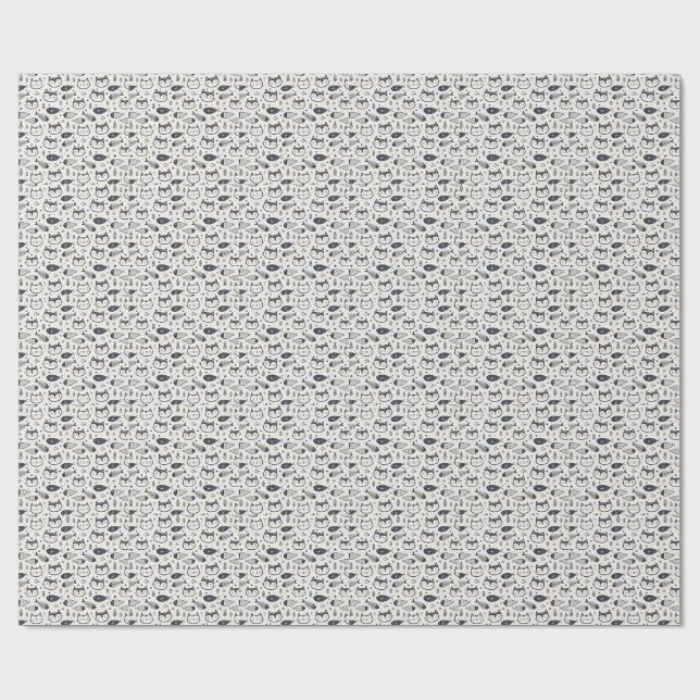 Cute Cat Face & Fish Bones Pattern - Kids Design Wrapping Paper (Flat)
