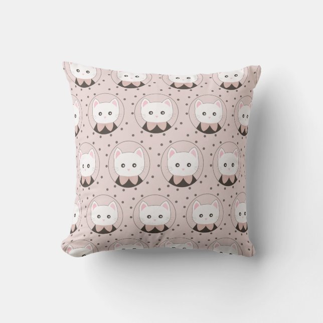 Cute Cat Face Pink Dotty Pattern Cushion (Front)
