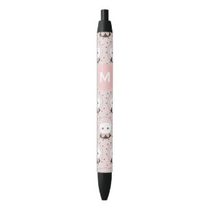 Cute Cat Face Pink Dotty Pattern Monogram Black Ink Pen