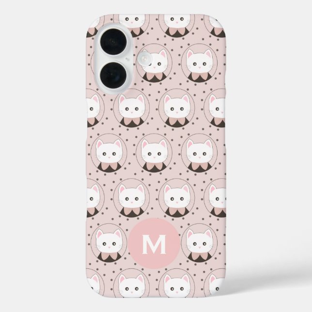Cute Cat Face Pink Dotty Pattern Monogram Case-Mate iPhone Case (Back)