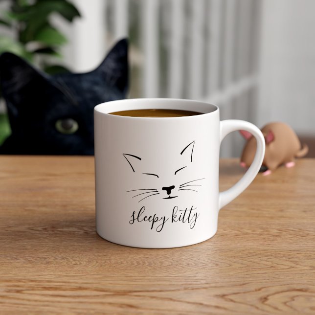 Cute Cat Face Sleepy Kitty Whiskers Espresso Cup (A cute sleeping cat face espresso cup with space for your name or keep the sleepy kitty text)