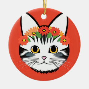 Cute Cat Face Vibrant Illustration Ceramic Ornament