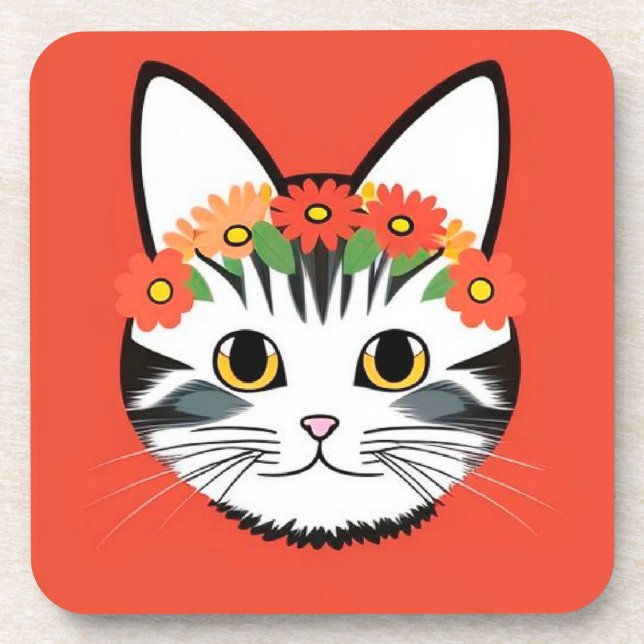 Cute Cat Face Vibrant Illustration Coaster (Front)