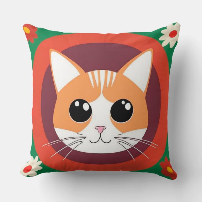 Cute Cat Face Vibrant Illustration Cushion (Front)