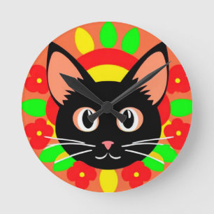 Cute Cat Face Vibrant Illustration Round Clock