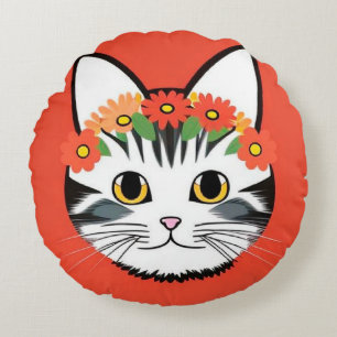Cute Cat Face Vibrant Illustration Round Cushion