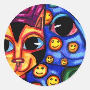 Cute Cat Faces colourful animal art Classic Round Sticker