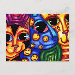 Cute Cat Faces colourful animal art Holiday Postcard