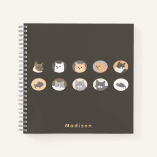 Cute Cat Faces Dark Grey Notebook with Name