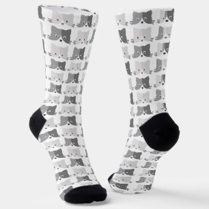 Cute Cat Faces Grey Cat Lovers Pattern Socks