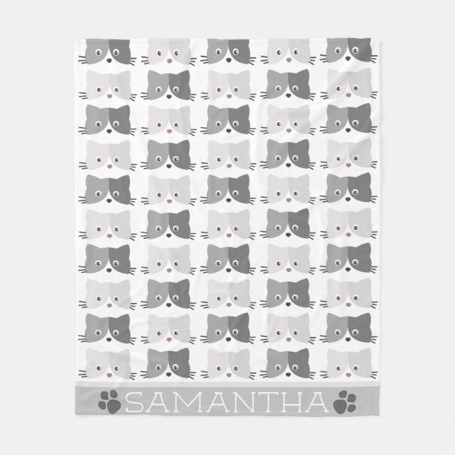 Cute Cat Faces Grey Personalised Cat Lovers Fleece Blanket (Front)