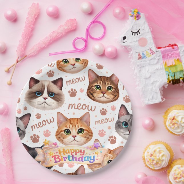 Cute cat faces happy birthday pattern adorable par paper plate (Party)