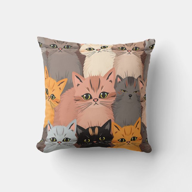 Cute Cat Faces Illustrated Pattern Cushion (Front)