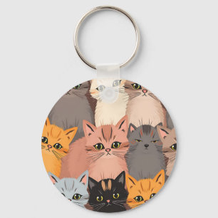 Cute Cat Faces Illustrated Pattern Key Ring