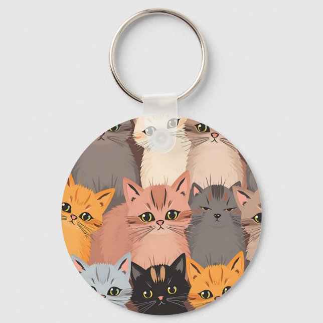 Cute Cat Faces Illustrated Pattern Key Ring (Front)