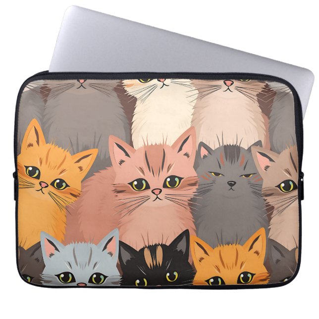 Cute Cat Faces Illustrated Pattern Laptop Sleeve (Front)