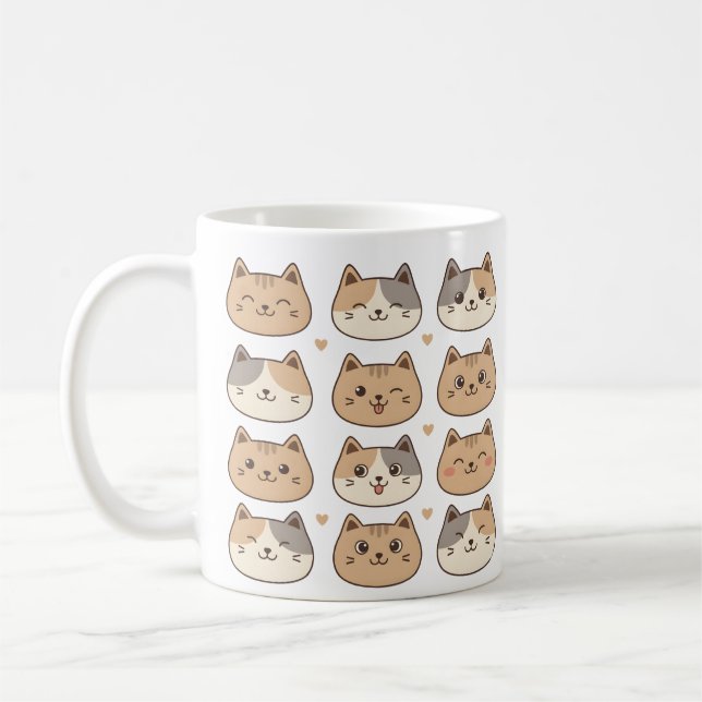 Cute Cat Faces Neutral Pattern Gift Coffee Mug (Left)