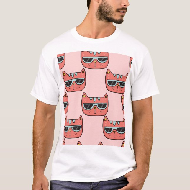 Cute cat faces, seamless pattern. T-Shirt (Front)