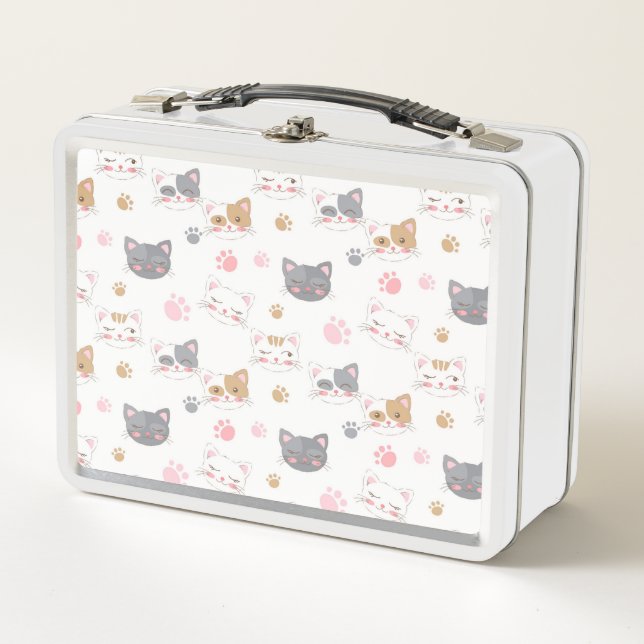 Cute cat faces smiling cats pattern metal lunch box (Front)