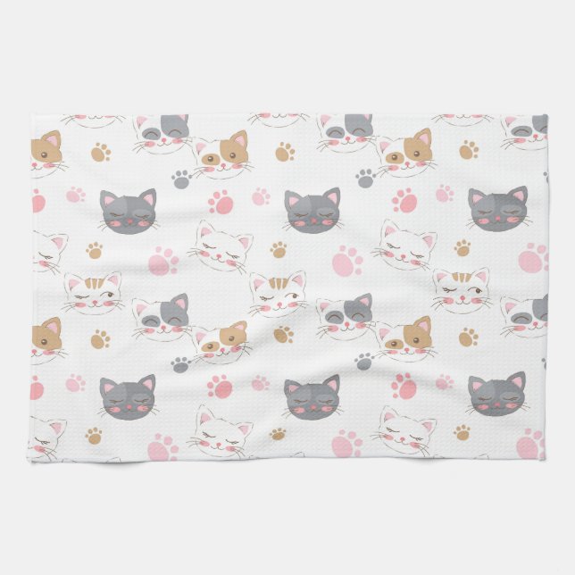 Cute cat faces smiling cats pattern tea towel (Horizontal)