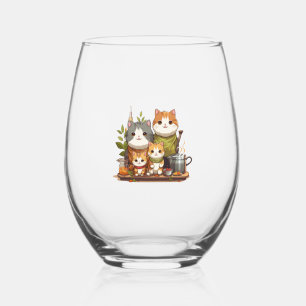 Cute cat family stemless wine glass
