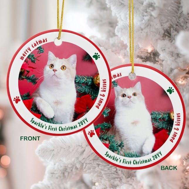 Cute Cat First Christmas Custom Pet Photo Ceramic Ornament (Creator Uploaded)