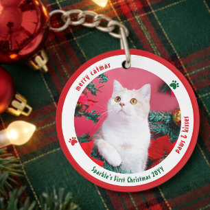 Cute Cat First Christmas Custom Pet Photo Key Ring