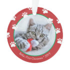Cute Cat First Christmas Paw prints Red Green