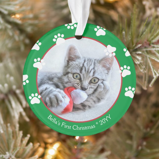 Cute Cat First Christmas Pawprints Green Ornament (Tree)