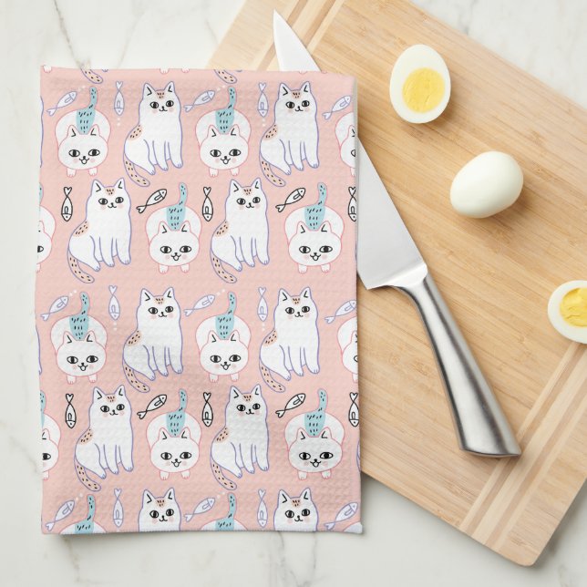 Cute Cat & Fish Pattern Tea Towel (Quarter Fold)