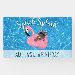 Cute Cat Flamingo Kids Birthday Pool Party Banner