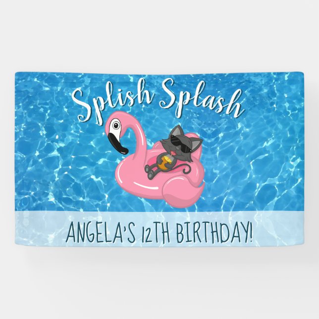 Cute Cat Flamingo Kids Birthday Pool Party Banner (Horizontal)