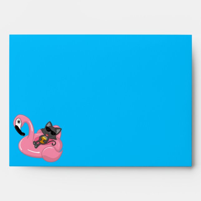 Cute Cat Flamingo Kids Birthday Pool Party Envelope (Front)