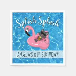 Cute Cat Flamingo Kids Birthday Pool Party Napkin