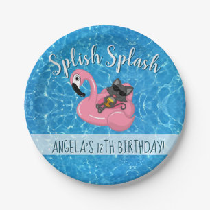 Cute Cat Flamingo Kids Birthday Pool Party Paper Plate